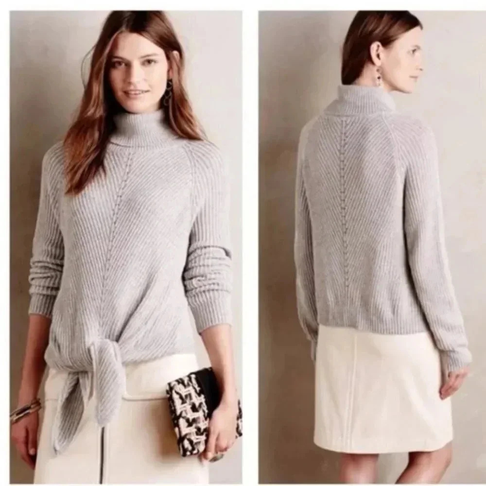 Anthropologie Moth Tie Front Turtle Neck Light Gray Cashmere Blend Sweater Small